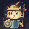 Don Quixote cat in a brass helmet, holding a lance and windmill shield